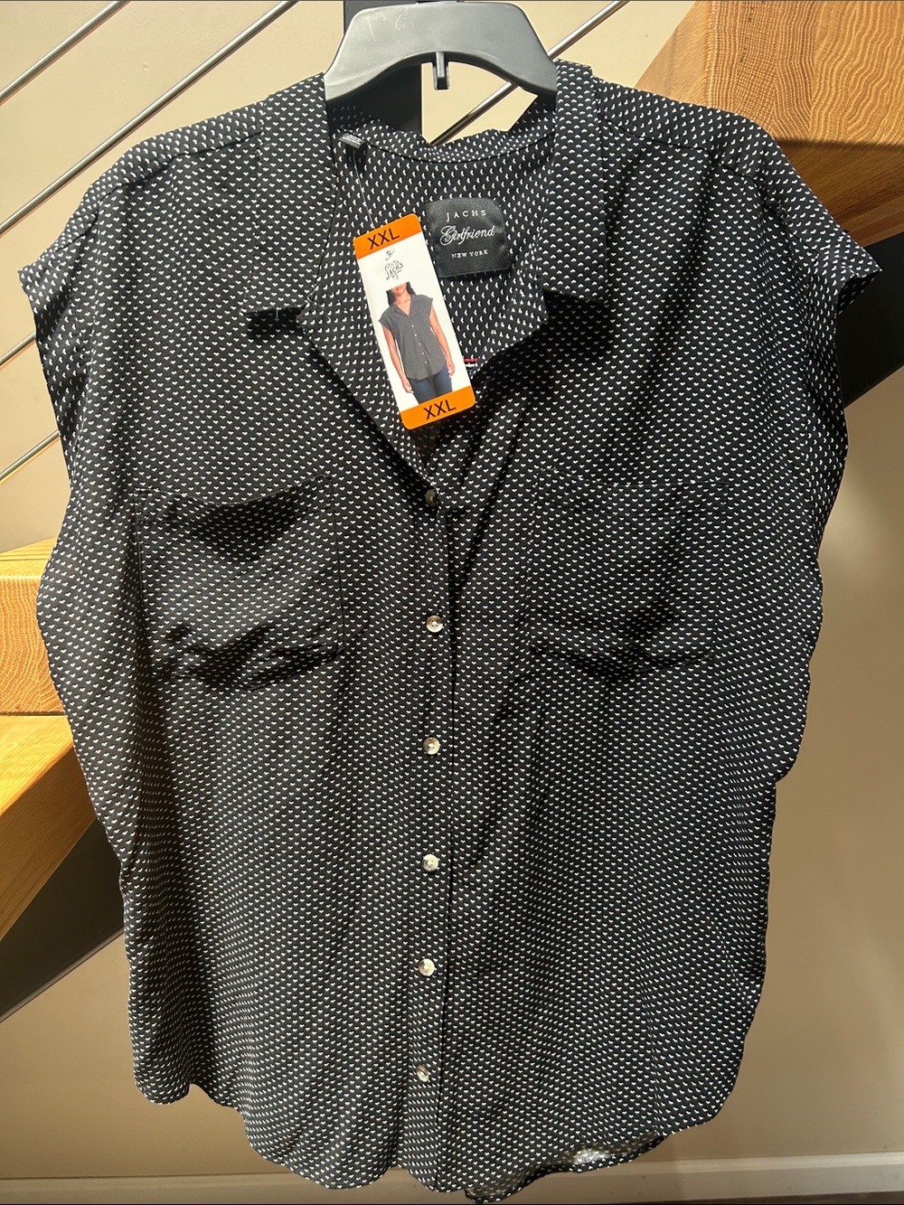 JACHS Girlfriend Black Short-Sleeve Button-Down with White Micro Dot Print